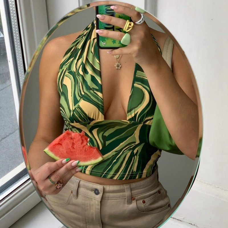 OOTDGIRL 90S Women Sexy Cami Top Y2K Aesthetic Green V Neck Sleeveless Backless Halter Crop Vest E-Girl Vintage Summer Tank Top Clothes
