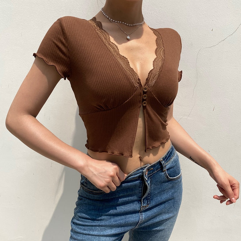 Ootdgirl  Short Sleeve Brown Crop Tops Women's T-Shirt V Neck Knit Cardigans Harajuku Korean Solid Casual Knitwear Female Tee