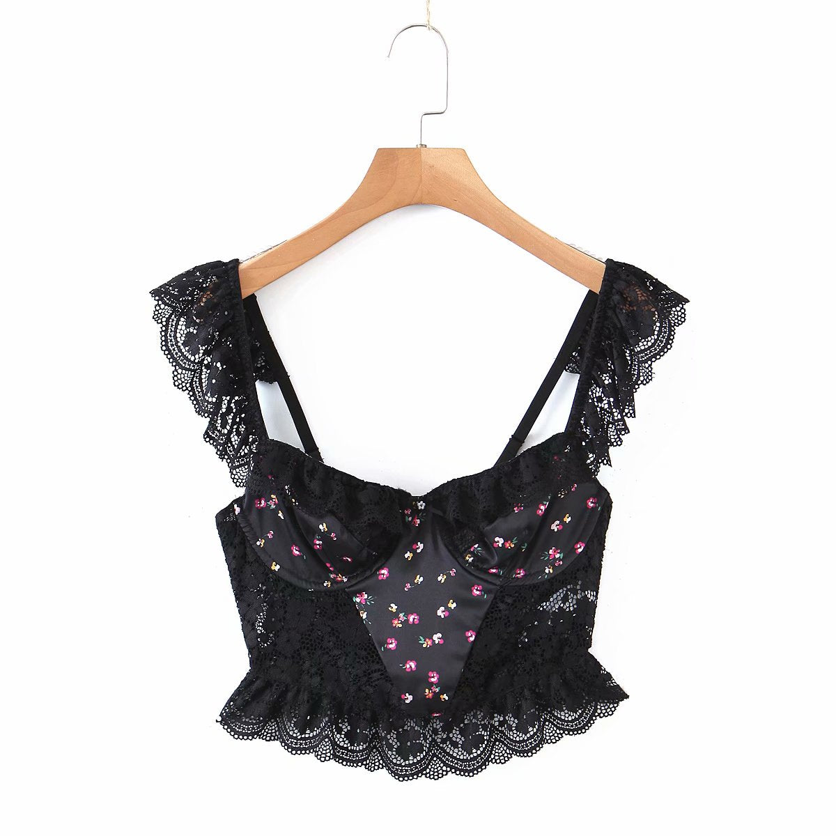 OOTDGIRL Romantic Lace Patchwork Crop Top Women Back Hollow Out Sleeveless Sexy Tank Top Vintage Black Fashion Summer Tops
