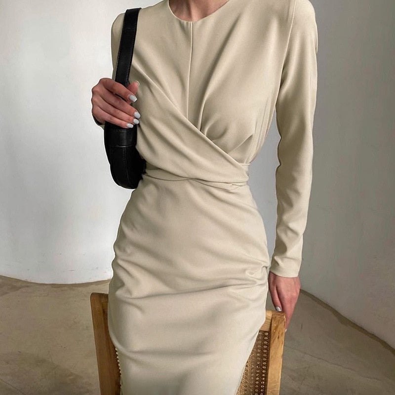 Ootdgirl  Solid Long Sleeve Midi Dresses For Women 2022 Spring Elegant Work Office Ladies Pencil Dress