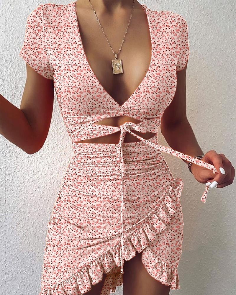 Ootdgirl  Floral Print Fashion Tie Up Wrap Mini Dress 2022 Summer Holiday Ruffles Sundress Ruched Women's Dress Short Sleeve
