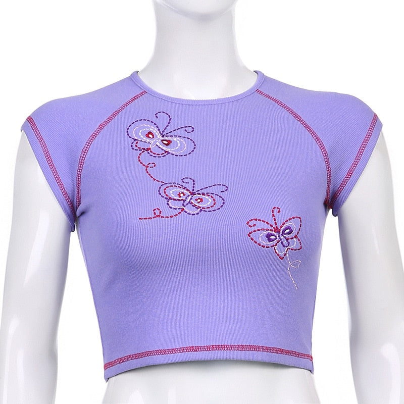 OOTDGIRL Y2K Butterfly Embroidery Baby Tees O-Neck Short Sleeve Purple T-Shirts Kawaii Women Crop Tops 90S Vintage Aesthetic Streetwear