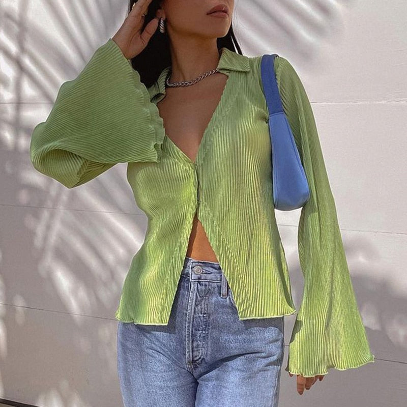 OOTDGIRL Green Vintage Flare Sleeve Top Shirt Y2K Button Up V Neck Blouse Aesthetic Korean Fashion Streetwear Women's Shirts