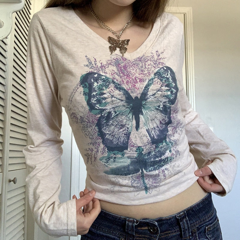 OOTDGIRL Y2k Butterfly Print Long Sleeve Crop Top Autumn V Neck Pullovers Tees Fairy Grunge 90S Vintage Women Harajuku T-Shirt