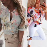 Ootdgirl Summer Womens Tops Floral Blouse V Neck Three Quarter Sleeve Shirt OL Ladies Plain Casual Single Breasted Blouse