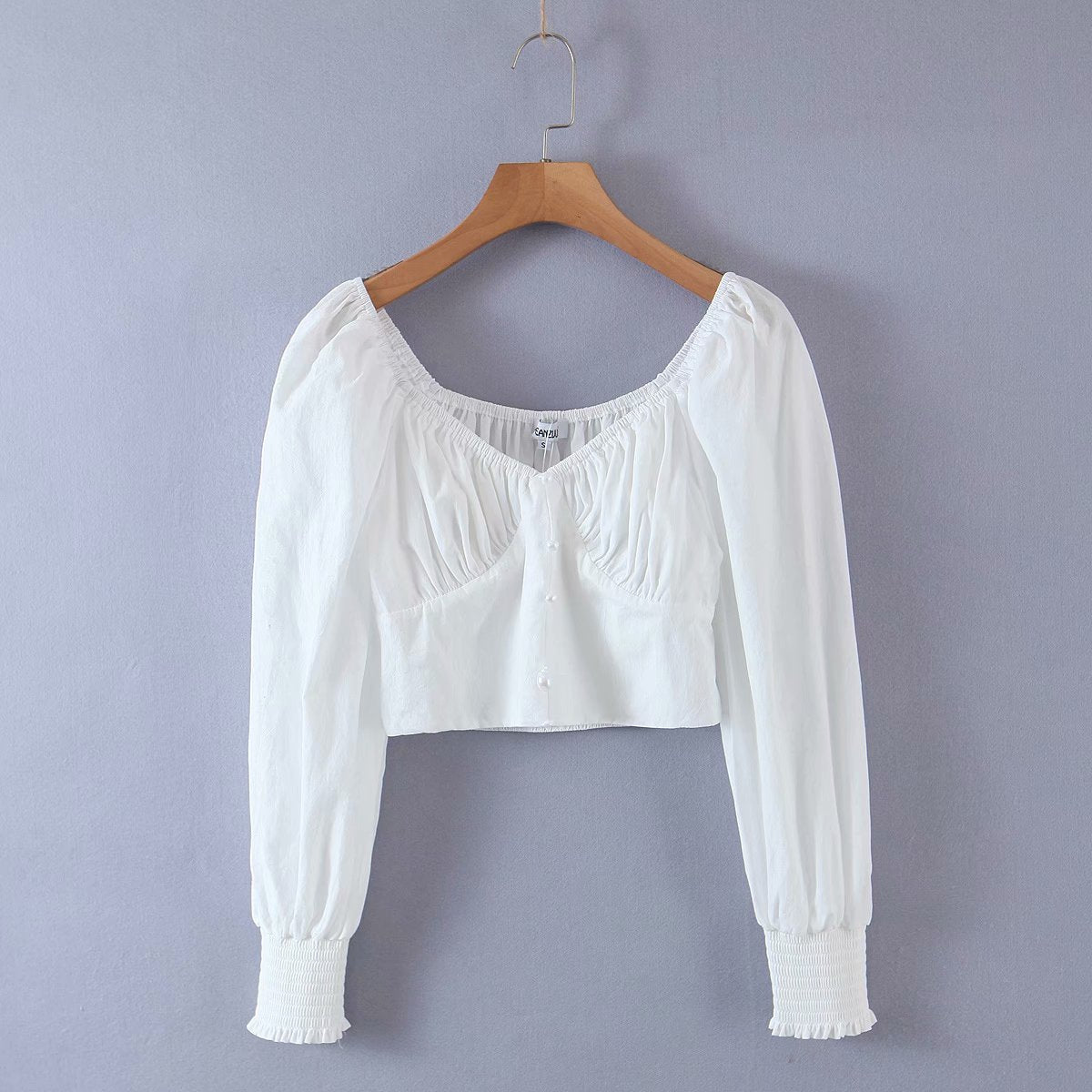 OOTDGIRL Autumn New Women's Fashion Retro Style Long Sleeve Back Elastic White Cotton Shirt Short Crop Blouse