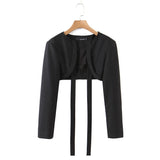 OOTDGIRL Women New Fashion Lacing Short Open Small Blazer Coat Vintage Long Sleeve Black Female Outerwear Chic Tops