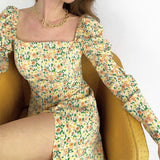 Ootdgirl  Floral Print Midi Dress Women Long Sleeve Puff Sleeve Side Split Lady Elegant Square Collar Casual Floral Long Dresses