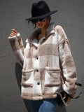 Ootdgirl  Plaid Vintage Lambswool Winter Coat Women Pockets Checker Black White Jacket Female Fashion Slim Warm Outerwear New
