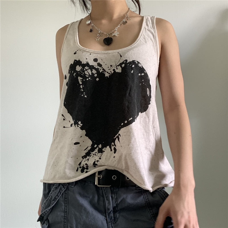 OOTDGIRL Black Heart Graphic Print Tank Top Women Summer Casual Sleeveless Loose Vest Harajuku Grunge Vintage Tees Female Streetwear