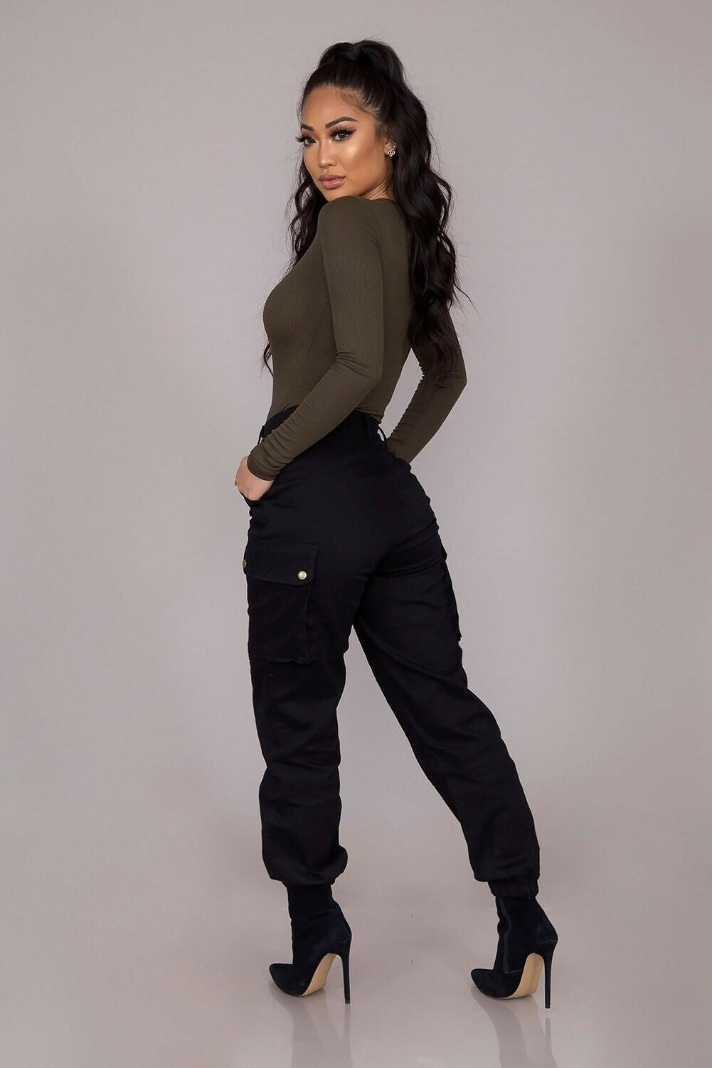 OOTDGIRL Stylish Women Cargo Pants High Waist Black Pants Button Pockets Design Gothic Style Trousers Solid Color Long Trouser Plus Size