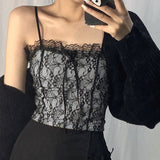 OOTDGIRL Sexy Black Lace Patchwork Spaghetti Strap Top E-Girl Slim Fit Crop Camis Backless Tops Y2K Fashion Women Summer Clothing
