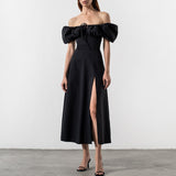 OOTDGIRL Black Maxi Dress Puff Sleeve Off Shoulder Cut Out Low Cut Tie Up Side Split Robe Femme Chic Summer Sweet For Women Dress