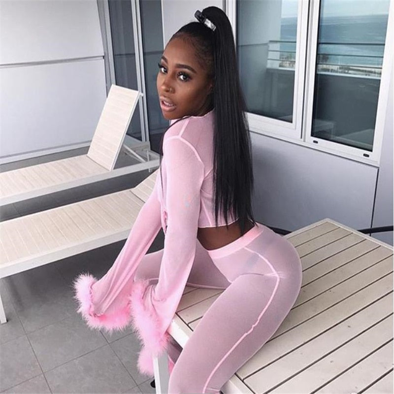 OOTDGIRL Back to School Sexy Women Pants Sets Long Sleevetops With Feather High Waist Flared Trouser Sheer Mesh See-Through Slimming Clubwear