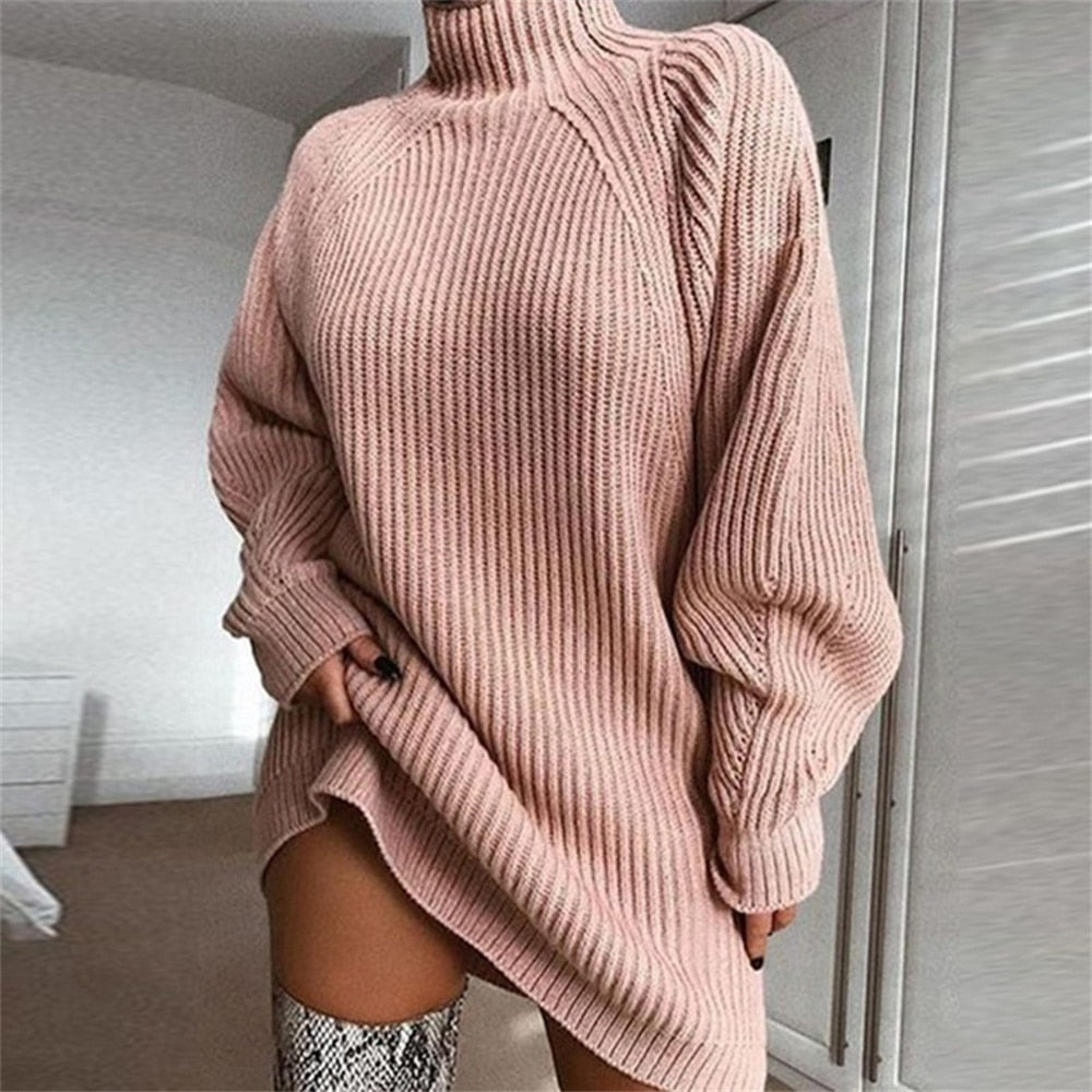 OOTDGIRL 2022 Fall Winter Women's Knitwear Mid-Length Raglan Long Sleeve Solid Half Turtleneck Sweater Dress Women Turtleneck Female Top