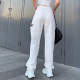 Ootdgirl  Cotton High Waisted Jeans With Holes White Pockets Casual Straight Pants Wide Leg Jean Streetwear Trousers