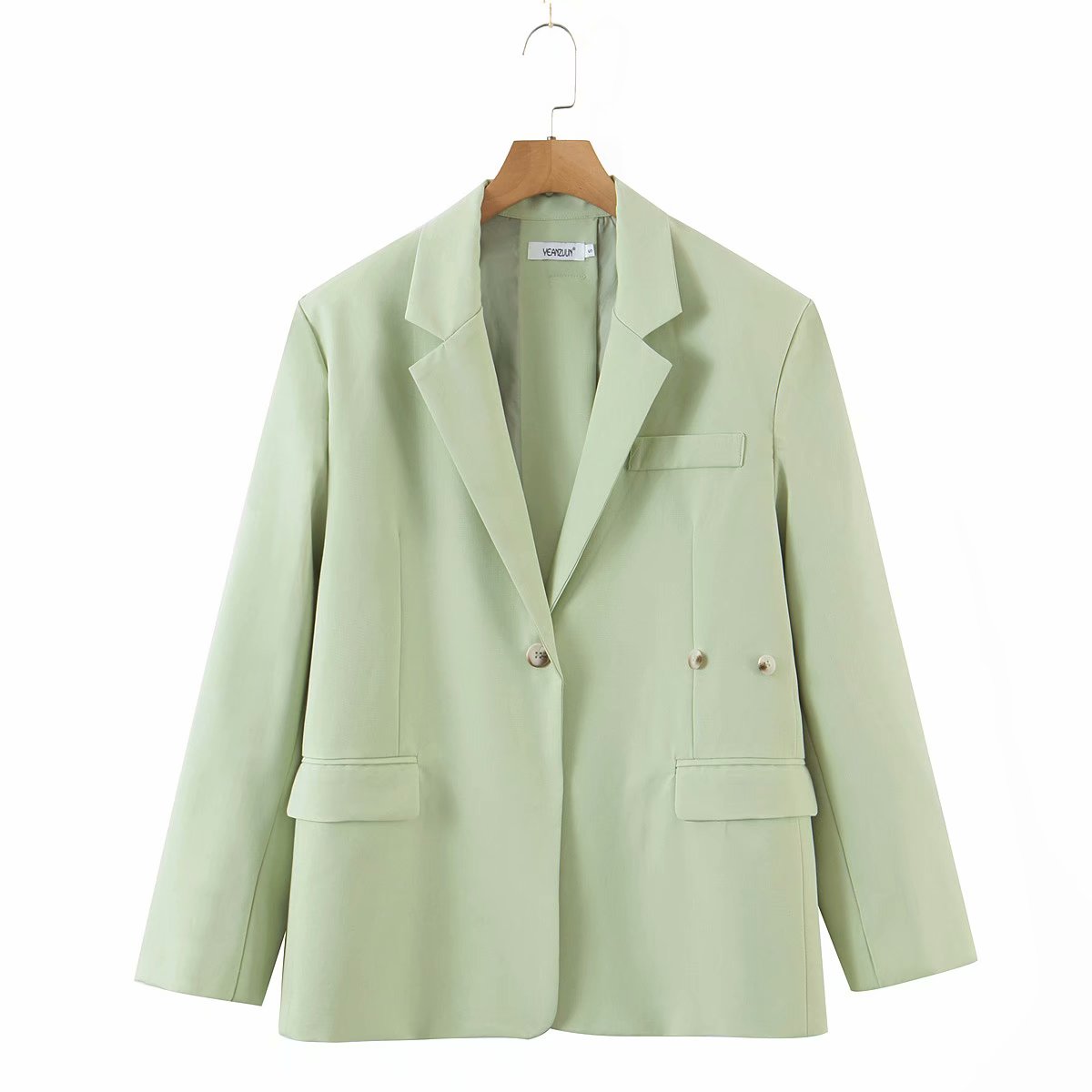 OOTDGIRL Women's Autumn Fashion Grass Green Blazer Ladies Chic Buttoned Top Retro Long Sleeve Lapel Casual Jacket