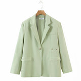 OOTDGIRL Women's Autumn Fashion Grass Green Blazer Ladies Chic Buttoned Top Retro Long Sleeve Lapel Casual Jacket