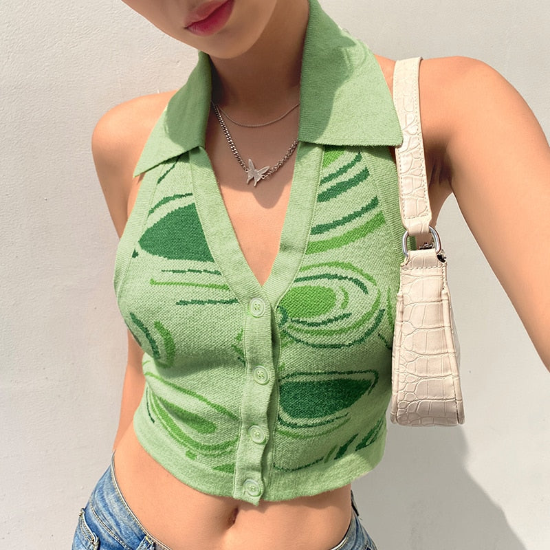 OOTDGIRL Y2K Paisley Halter Knitted Vest For Women Sexy Backless Slim Fit Tank Tops 90S Aesthetic Vintage Streetwear E-Girl Cropped