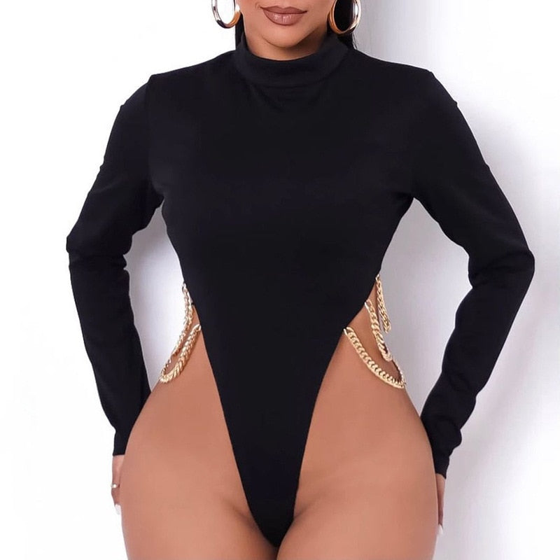 Ootdgirl   Chain Patched Bodysuit Women Solid Basic Long Sleeve Rompers Winter Turtleneck Playsuit Casual Fashion Streetwear