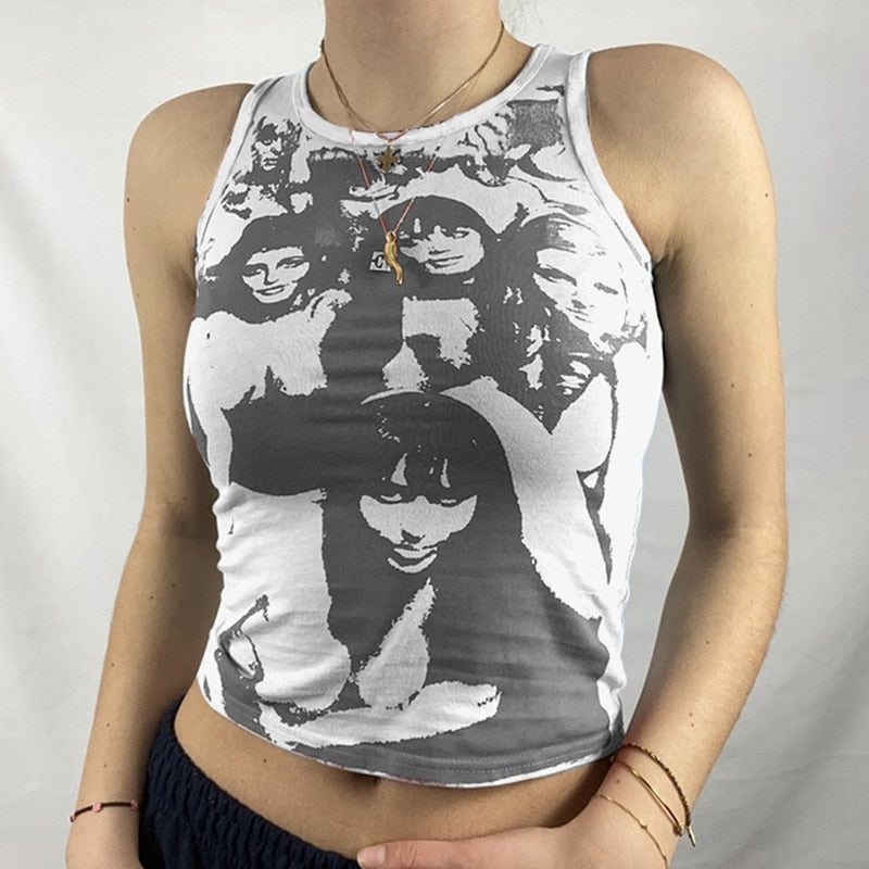 Y2K Aesthetic Gothic Tank Top Harajuku Hip Hop Graphic Print Sleeveless Crop Top Women Summer Slim Fit Mini Vest Streetwear
