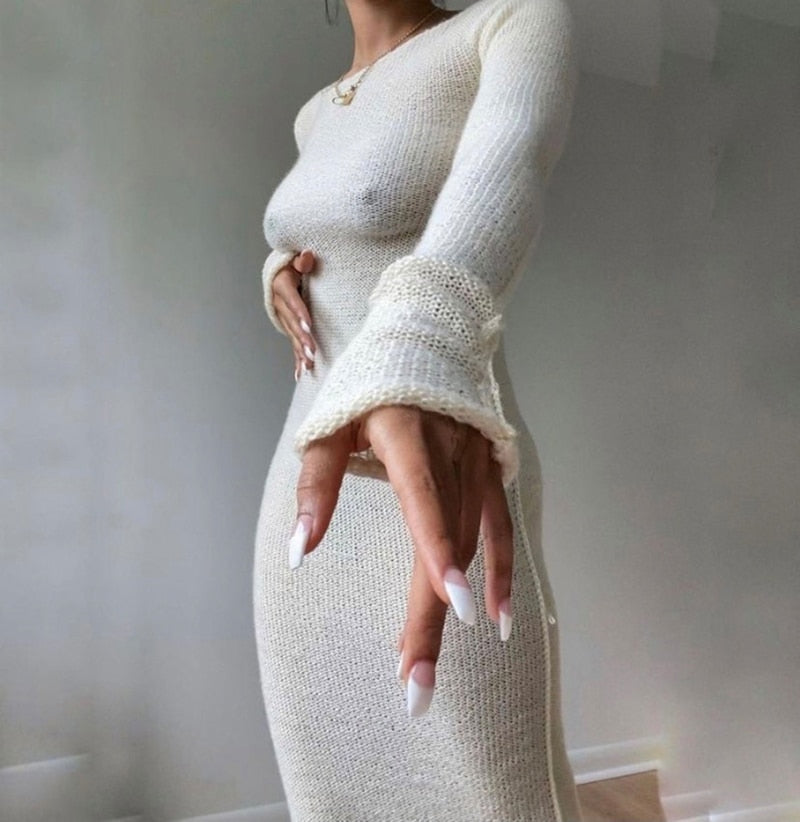 Ootdgirl  Fashion Elegant Long Sleeve Knitted Maxi Dress For Women Autumn Winter Solid O-Neck Sweater Dresses Loungewear Outfits Clothes