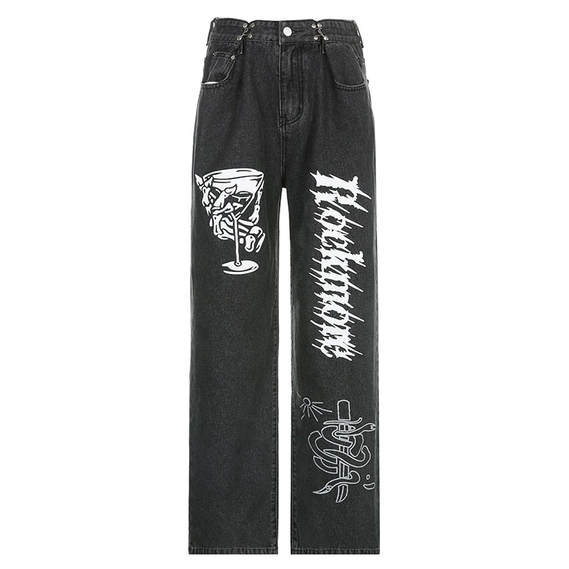 Ootdgirl  Gothic Street Jeans Women's Low Waist Wide Leg Pants Y2K Print Baggy Casual Straight Cargo Denim Trousers Female Korean