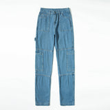 OOTDGIRL Y2k Jeans Pockets Patchwork High Waist Denim Pants Retro Blue Cargo Pants Women Trousers Women's Streetwear Straight Jeans 90S