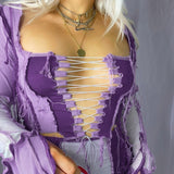 OOTDGIRL Hight Street Women’S Reverse Stitch Design Top Long Sleeve Round Neck Hollow Lace T-Shirt Female Sexy Purple Bottoming Shirt