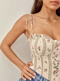 OOTDGIRL 2022 French Summer Striped Flower Print Bandage Spaghetti Strap  Retro Sexy Women Lacing Up Sling Top  Vestido