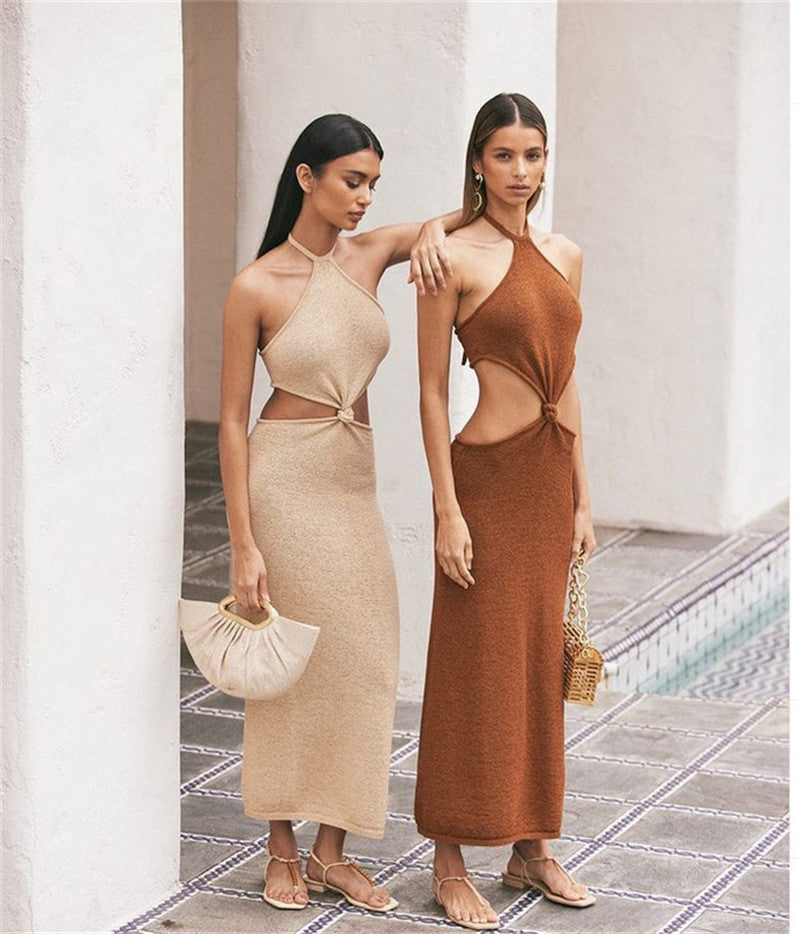 Ootdgirl   Vacation Outfits Knitted Halter Maxi Dresses For Women 2022 Elegant Dress Sets Holiday Beach Sundresses C76-CZ25
