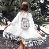 Ootdgirl  Bohemian Fringe Beach Cover-Up White Bikini Long Cardigan Crochet Hollow Out  Kimono Swimwear Holiday Outing New