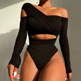 Ootdgirl  Ruched Off Shoulder  Women Bodysuits 2022 Fall Winter Party Long Sleeve Cut Out One Piece Rompers Black Bodys Tops