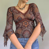 Ootdgirl  Lace Mesh Crop Top  Vintage Frill Print T Shirt Women Autumn V Neck Slim Pullovers Harajuku Tshirt Grunge Clothes