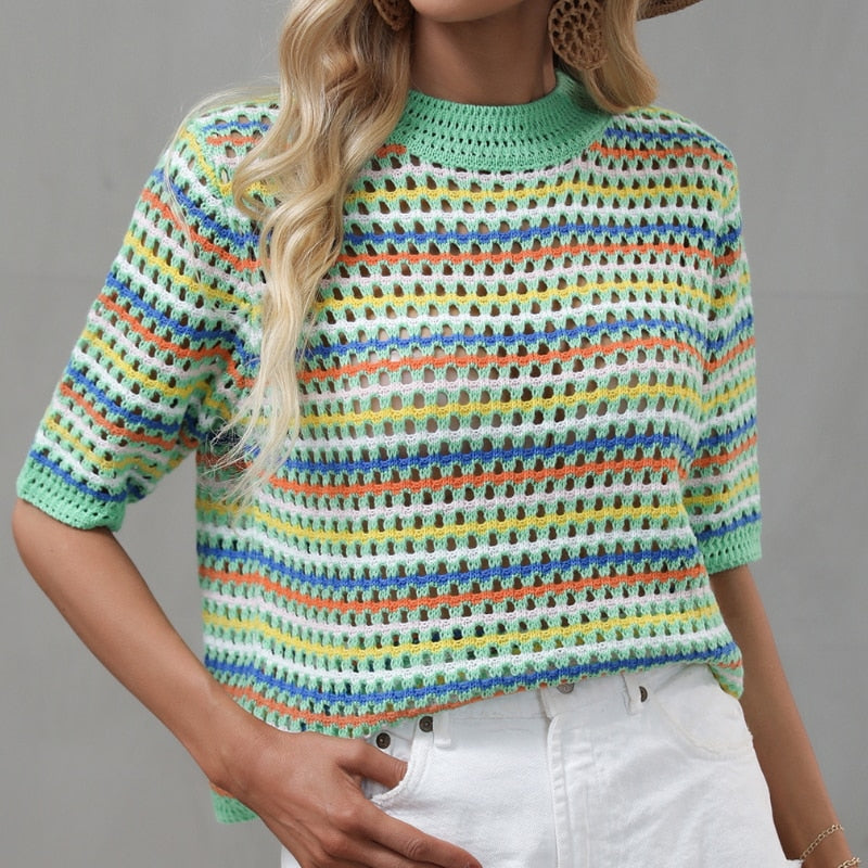 OOTDGIRL 90S Rainbow Hollow Out Knitwear Women See-Through Striped T-Shirts Summer Boho Beach Style Cover-Ups Crop Tops Y2k