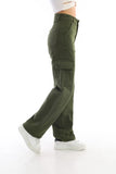 OOTDGIRL 2024 New Elegant Woman Khaki Cargo Pocketed Stretch High-Waisted Wide Leg Pants