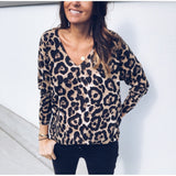 OOTDGIRL New Women Leopard Print V Neck Ladies T-Shirts Long Sleeve Loose T Shirt Basic Top