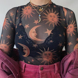 OOTDGIRL Sun Moon Printed Transparent Mesh Sexy T-Shirt Women O-Neck Long Sleeve Slim Basic Casual Female Tops 2022 Spring New