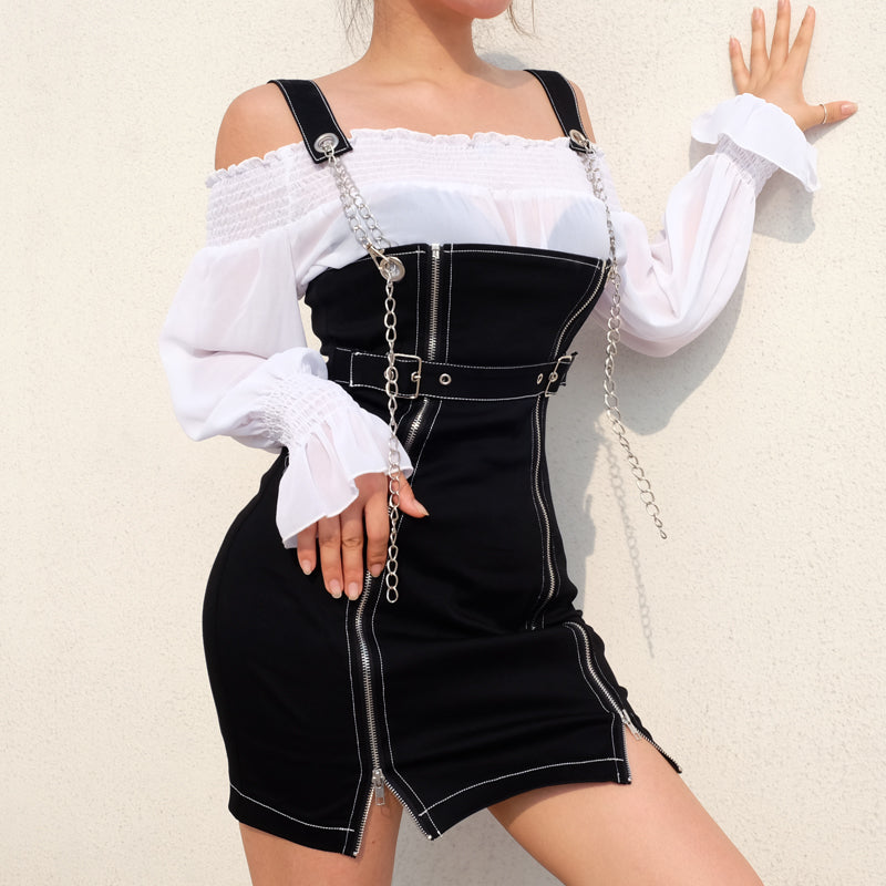 Ootdgirl  Black Chain Zipper Split Straight Strappy Mini Dress Women Buckle Belt Punk Style Casual Dresses Fashion 2022 Summer