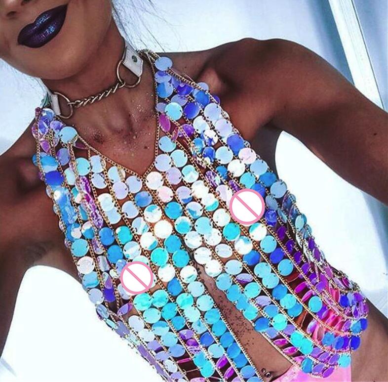 Ootdgirl   Metal Chain Crop Tops Women Summer Bling Hollow Sequins Halter Shirt Womens Cropped Sparkly Luxury Nightclub Party Cami Top