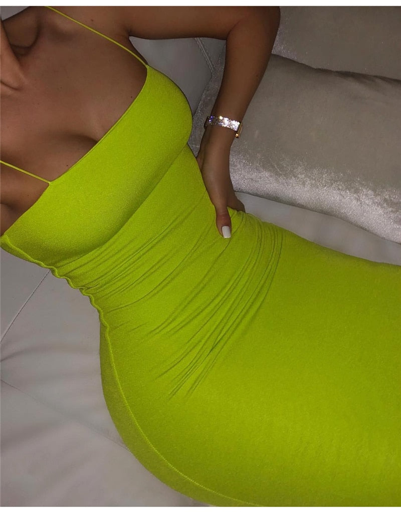 OOTDGIRL Double Layers Summer Dress Women New Backless Sexy Bodycon Long Dress Woman Party Night Cotton Elegant Dress Lime
