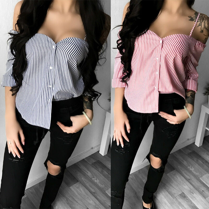 OOTDGIRL Women Ladies Summer Long Sleeve Blouse Fashion Strap Shirt Loose Sexy Off Shoulder Button Casual Stripe Blouse Tops Shirt S -XL