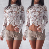 OOTDGIRL New 2022 Lace Women Crop Top Long Sleeve T-Shirts Casual Lace Tops T-Shirt Tee