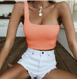 Ootdgirl  Back To College Women Lady Female One Shoulder Crop Tops Sleeveless T-Shirt Tank Tops Summer Beach Vest Bare Midriff Summer Fashion Clothes
