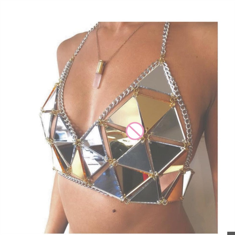Ootdgirl   Summer Beach Women Metal Chain Hollow Sparkly Diamond Sequins Tank Top Short Halter Camis Exotic Club Party Crop Tops Vests