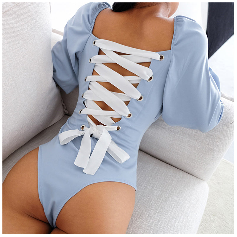 Ootdgirl   Backless Panelled Lace Up Square Collar Lolita Style Bodysuits Women 2022 Long Flare Sleeve Open Crotch Bodysuit