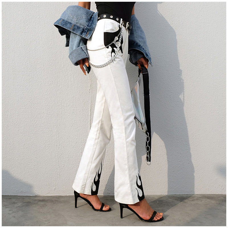 Ootdgirl  Casual Panelled Flame Print High Waist Long Flare White Pant Women Bottoms Harajuku Slim Fitness Fire Trousers Pocket