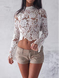 OOTDGIRL New 2022 Lace Women Crop Top Long Sleeve T-Shirts Casual Lace Tops T-Shirt Tee