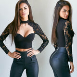 Ootdgirl Women  Lace Patchwork Tops Long Sleeve Push Up Padded Bra  Crop Tops Ladies Lace T-Shirt Tops Slim Tops Fashion