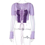 OOTDGIRL Hight Street Women’S Reverse Stitch Design Top Long Sleeve Round Neck Hollow Lace T-Shirt Female Sexy Purple Bottoming Shirt